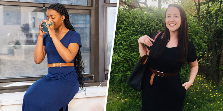 Split image of two Woman wearing a maxi dress