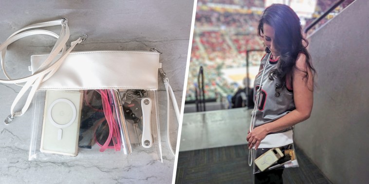 Split image of a woman wearing a clear bag at a stadium, and overhead of her clear bag