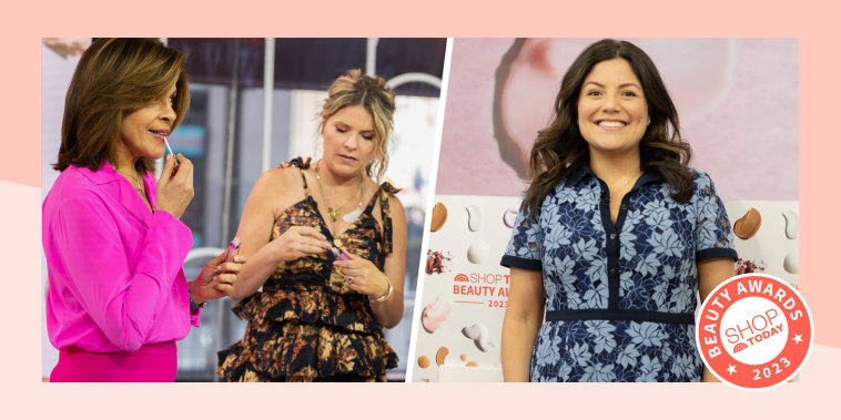 Jenna Bush and Hoda Kotb trying on lip gloss and image of Adrianna Brach