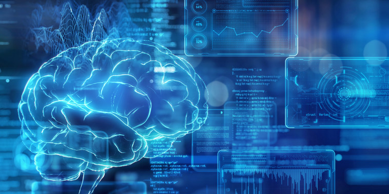 Artificial intelligence brain and futuristic GUI; Artificial intelligence brain and futuristic graphical user interface data screen on a dark background.