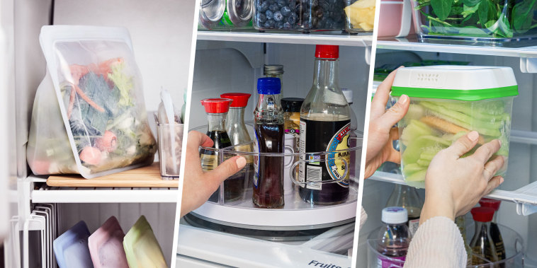 Three images of an organized fridge
