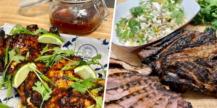 Split image of Brown Sugar & Soy Glazed Pork Steaks with Elote Salad and Hot Honey Grilled Chicken Thighs with Sweet Chili Dipping Sauce