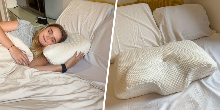 Split image of a pillow and a woman sleeping on the pillow in bed
