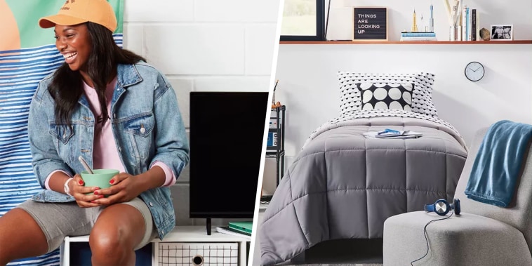 Split image of Target Dorm Room furniture and styling and a Woman smiling