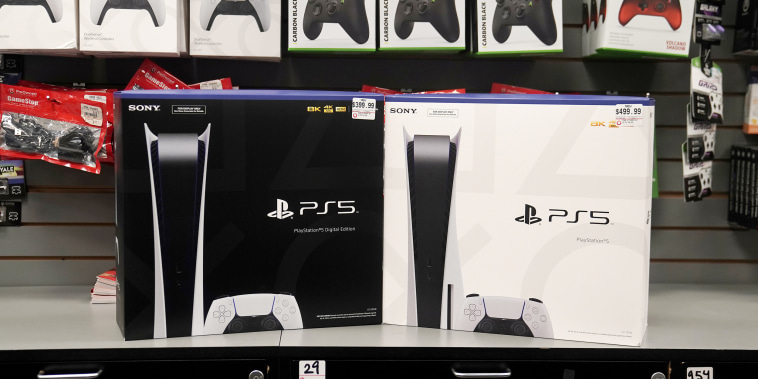 Inside a GameStop store Sony PS5 gaming consoles are pictured