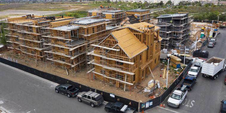 Single-family homes under construction in the Cadence Park development of The Great Park Neighborhoods in Irvine, Calif., on April 14, 2021.