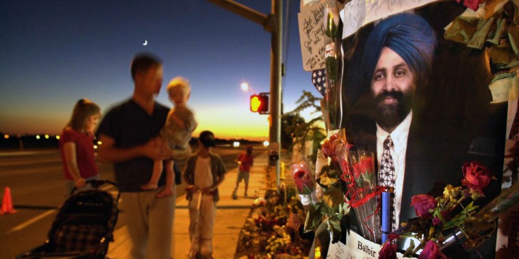 Image: A memorial for Balbir Singh Sodhi who was killed outside his gas station.