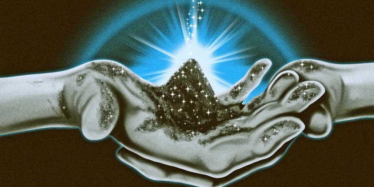 Illustration of hands holds sparkling dirt.