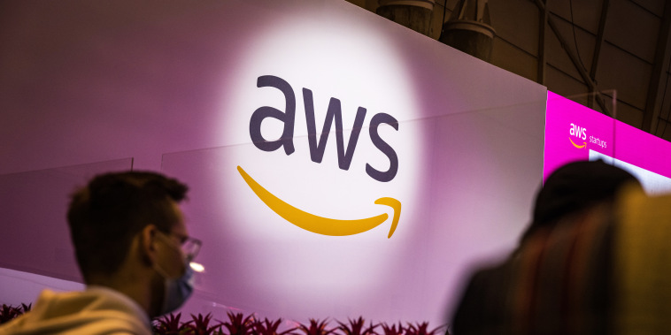 An Amazon Web Services logo at the Web Summit in Lisbon, Portugal, on Nov. 2, 2021.