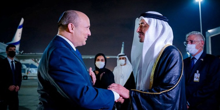Image: United Arab Emirates Foreign Minister Sheikh Abdullah bin Zayed Al Nahyan welcomes Israeli Prime Minister Naftali Bennett upon his arrival in Abu Dhabi