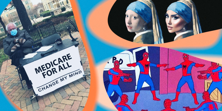 Illustration of memes including Sen. Bernie Sanders wearing mittens, a Yassified "Girl with the Pearl Earring," and Spider-Man's pointing at one another.