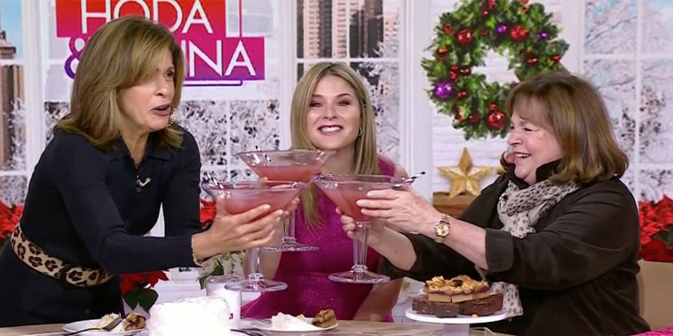 Ina Garten, Hoda Kotb and Jenna Bush Hager clink their cosmo glasses together on "TODAY With Hoda & Jenna" in New York City.