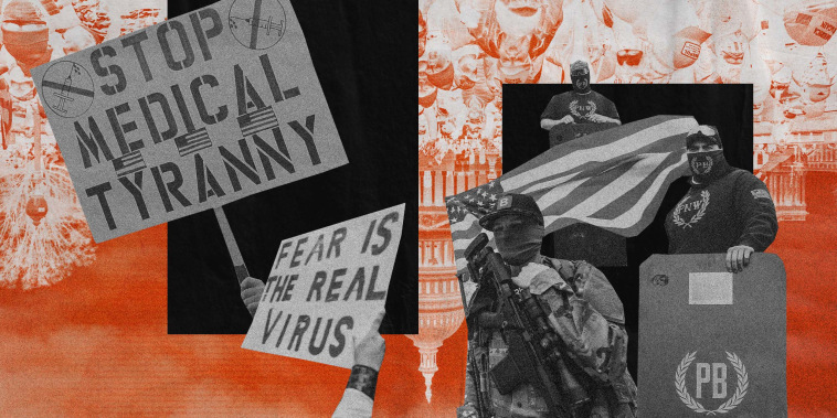 Photo illustration shows Covid-19 vaccine protest posters that read "Stop Medical Tyranny" and "Fear is the real virus," along with photos of far-right militia and Proud Boy members.