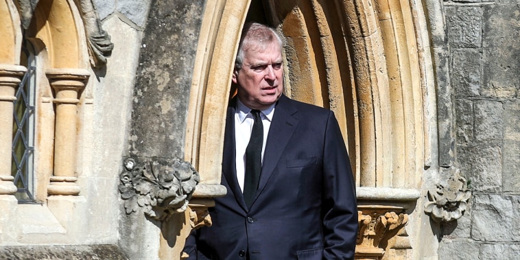 Prince Andrew, Duke of York, attends the Sunday Service at the Royal Chapel of All Saints, Windsor on April 11, 2021 in Windsor, England.