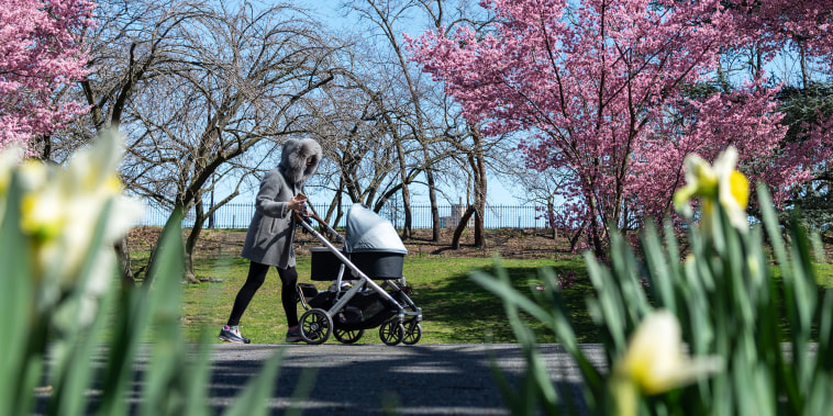 Image: A woman pushes a stroller in Central Park on March 29, 2021 in New York City.