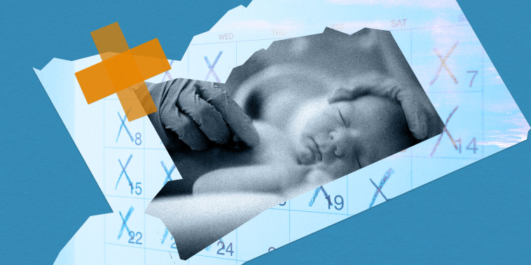 Photo illustration: An image of a newborn baby being examined by  a doctor inside the shape of the Mississippi map over a calendar with crossed out dates and a plus sign taped over them.