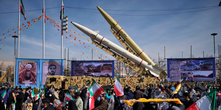 Missiles are displayed during  a rally to commemorate the 42nd Victory anniversary of the Islamic Revolution in Tehran on Feb. 10, 2021, on Feb. 10, 2021.