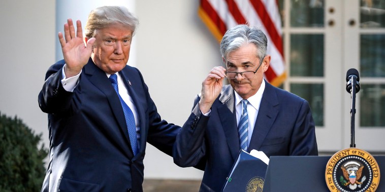 President Donald Trump gestures with Jerome Powell, his nominee to become chairman of the U.S. Federal Reserve at the White House on Nov. 2, 2017.