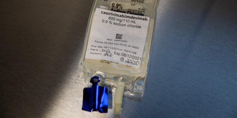 Image: An intravenous bag used to administer the Regen-Cov monoclonal antibody treatment.