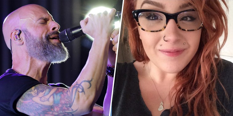 on the left, a blad man with tattoos sings into a mic. On the right, a girl with orange hair and face piercings and glasses smiles in a selfie.