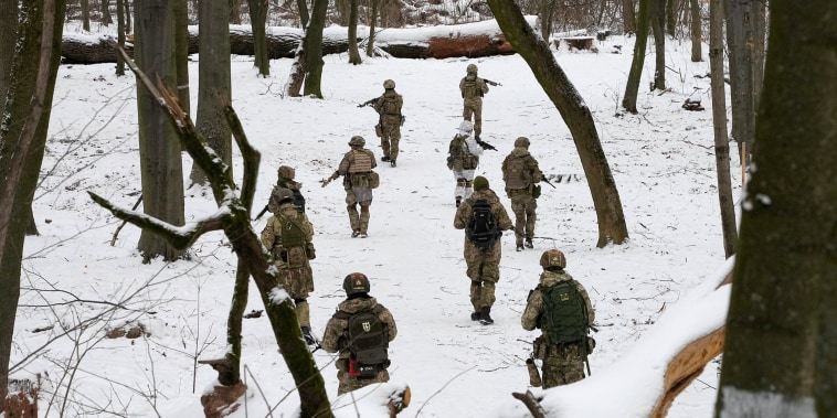 Miembros de las Fuerzas de Defensa Territorial de Ucrania, unidades militares voluntarias de las Fuerzas Armadas, entrenan en un parque de la ciudad en Kyiv, Ucrania, el sábado 22 de enero de 2022.