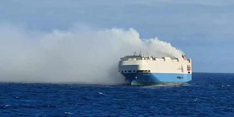 The Felicity Ace car carrier on fire approximately 90 miles from the island of Faial, Azores, on Feb 17, 2022.
