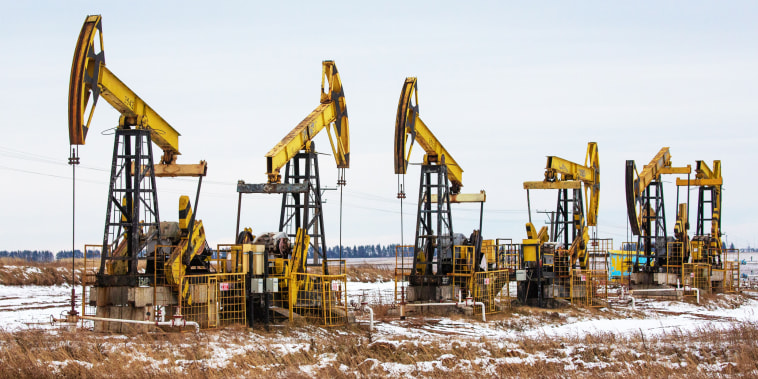 Oil pumping jacks in a Rosneft oilfield near Sokolovka village, in the Udmurt Republic, Russia, on Nov. 20, 2020.