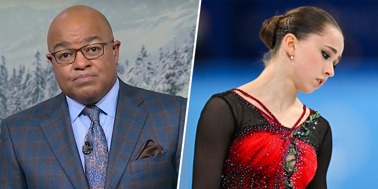 (L) NBC Sports’ Mike Tirico giving a tough monologue about the way Russian skater Kamia Valieva was handled by her coaches in the Olympics. (R) Russia's Kamila Valieva reacts after competing in the women's single skating free skating of the figure skating event during the Beijing 2022 Winter Olympic Games at the Capital Indoor Stadium in Beijing on February 17, 2022.
