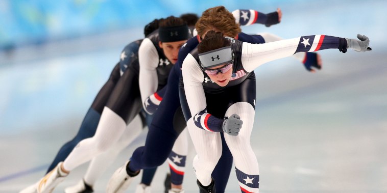 Kimi Goetz of USA leads her Speedskating Long Track Team during a training session at the National Speed Skating Oval before the start of the 2022 Winter Olympic Games on January 30, 2022 in Beijing, China.