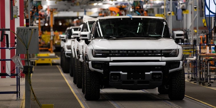 Image: GMC Hummer electric vehicles on the production line at General Motors' Factory ZERO all-electric vehicle assembly plant in Detroit, on Nov. 17, 2021.