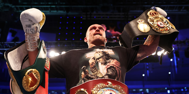 Image: Oleksandr Usyk celebrates after being crowned the new World Champion following the Heavyweight Title Fight on Sept. 25, 2021 in London.