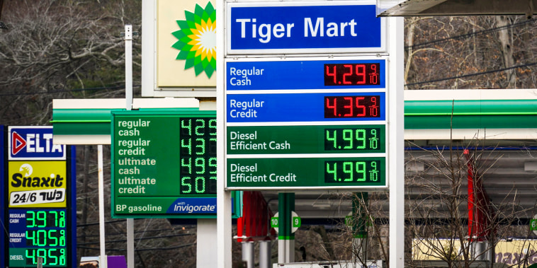 Image: Gas prices are displayed at gas stations in Englewood, N.J., on March 7, 2022.