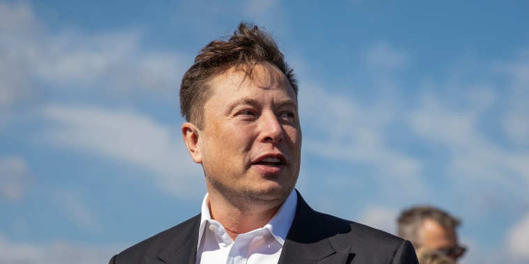 Image: Elon Musk talks to reporters at the construction site of the new Tesla Gigafactory on Sept. 3, 2020 near Gruenheide, Germany.