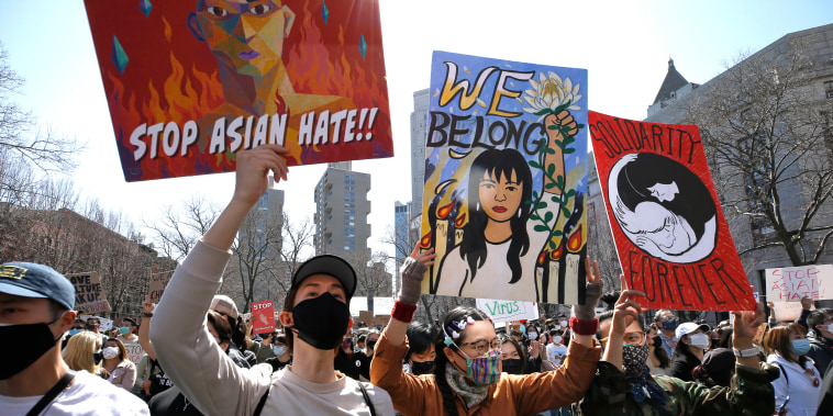 Demonstrators rally to honor shooting victims and to end attacks on Asians in Chinatown in New York City on March 21, 2021.