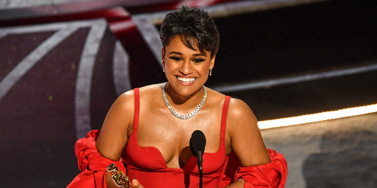 Actress Ariana DeBose accepts the award for Best Actress in a Supporting Role for her performance in "West Side Story" onstage during the Oscars in Los Angeles on Sunday.