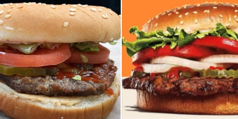A customer's Whopper compared with a Whopper advertisement.