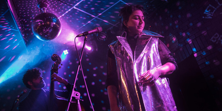 Image: Arooj Aftab performs at the Brudenell Social Club with bassist Petros Klampanis in Leeds, England, on Feb.7, 2022.
