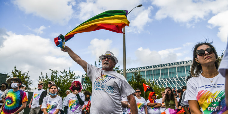 Members and supporters of the LGBTQ community attend the "Say Gay Anyway" rally in Miami Beach, Fl .,on March 13, 2022.