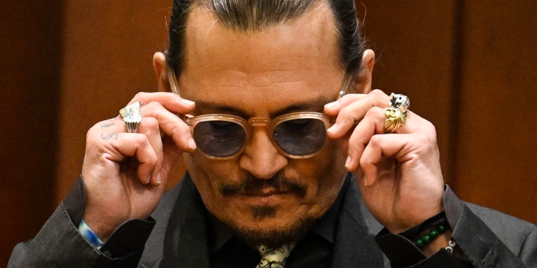 Johnny Depp testifies during his defamation trial in the Fairfax County Circuit Courthouse in Fairfax, Va., on April 19, 2022.