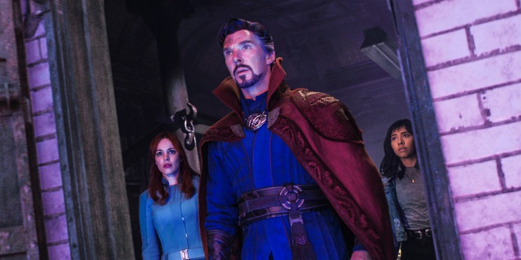 Rachel McAdams as Dr. Christine Palmer, Benedict Cumberbatch as Dr. Stephen Strange, and Xochitl Gomez as America Chavez in Marvel Studios' "Doctor Strange in the Multiverse of Madness."