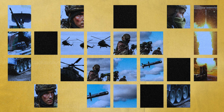 Photo illustration of Ukrainian soldiers, missiles, military vehicles, and weapons.