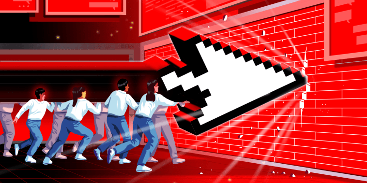 Illustration: A group of people holding up a white cursor to break into a giant red wall. Red boards with speech bubbles float above them.