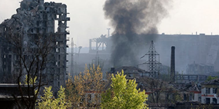 Smoke rises from the Azovstal steel mill in Mariupol, on May 4, 2022.
