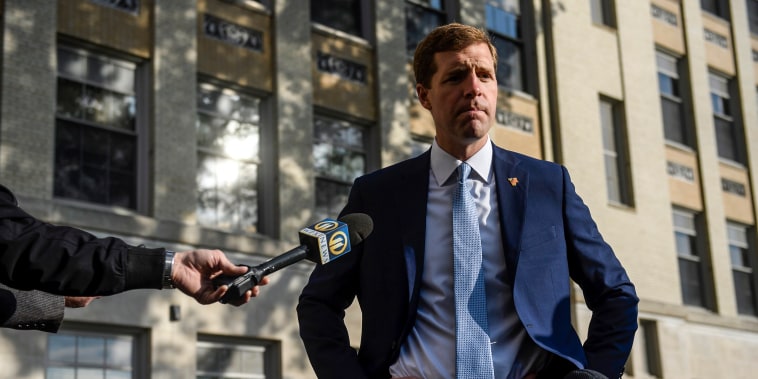 Image: Democratic Senate candidate, Rep. Conor Lamb (D-PA) talks to the press after arriving at his polling location at Mellon Middle School on May 17, 2022 in Pittsburgh, Pa.