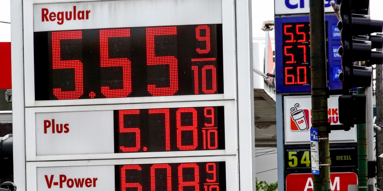 A sign displays gas prices at a gas station on May 10, 2022, in Chicago.