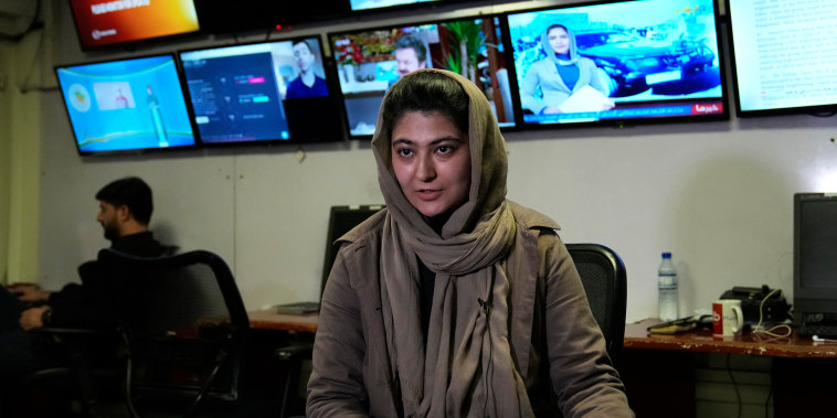 Afghan journalist Banafsha Binesh speaks during an interview with the Associated Press, at TOLO TV newsroom in Kabul, Afghanistan, on Feb. 8, 2022.