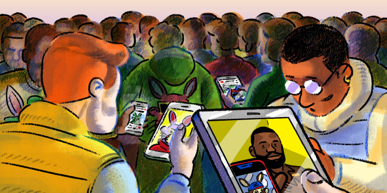 Illustration of crowd of people, two figures are holding phones with NFTS on them. The cloest figure is holding a phone with a video of Flloyd Matweather promoting a Bored Bunny NFT.