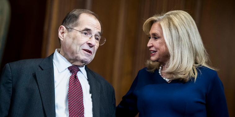 Reps. Jerrold Nadler, D-N.Y., and Carolyn Maloney, D-N.Y., talk at the Capitol on Jan. 11, 2019.