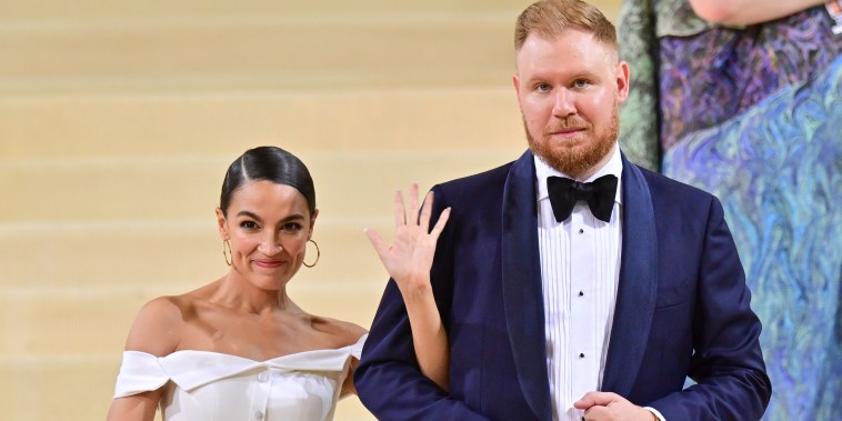 Alexandria Ocasio-Cortez and Riley Roberts at the Met Gala in New York City on Sept. 13, 2021.