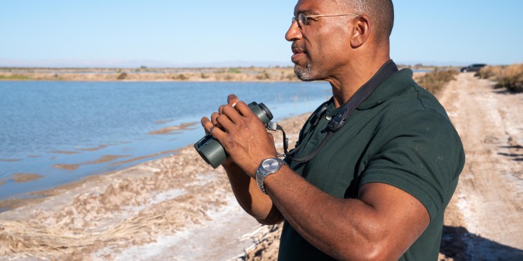 Christian Cooper takes a moment to birdwatch at the Sonny Bono Salton Sea National Wildlife Refuge, California.
